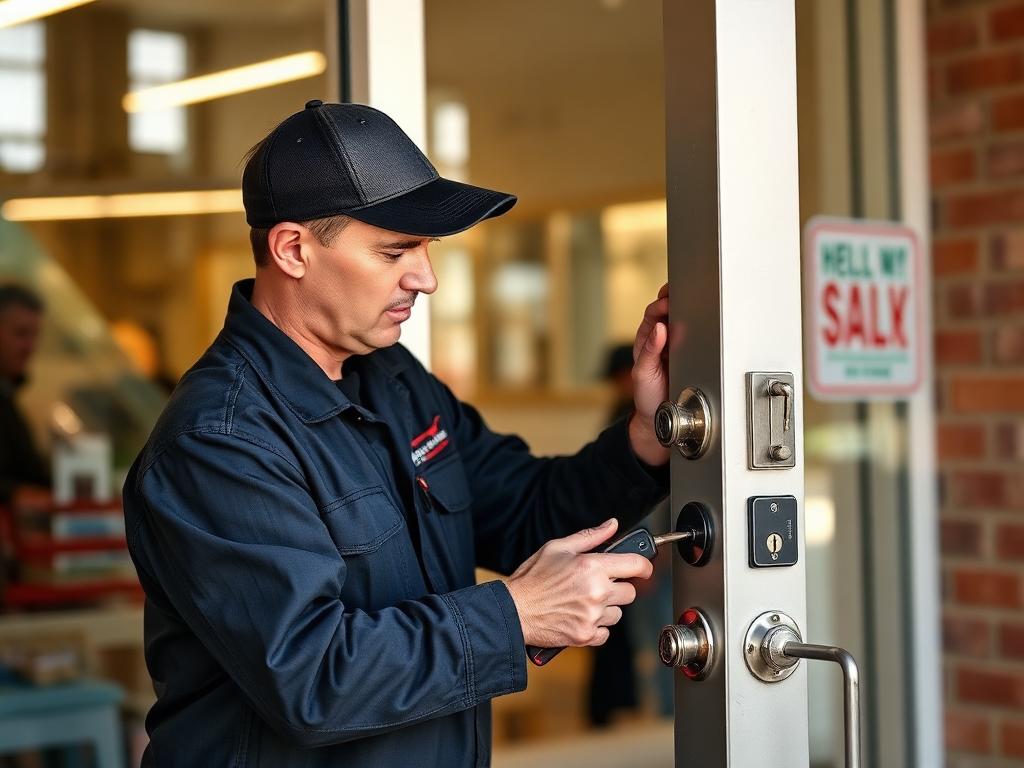 Holly Springs Locksmith technician replacing a commercial door lock at a Holly Springs, NC business storefront