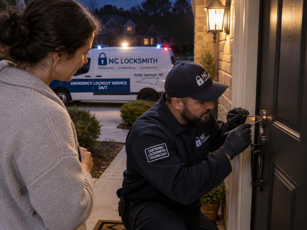 Certified emergency locksmith assisting a homeowner with an urgent lockout in Holly Springs, NC