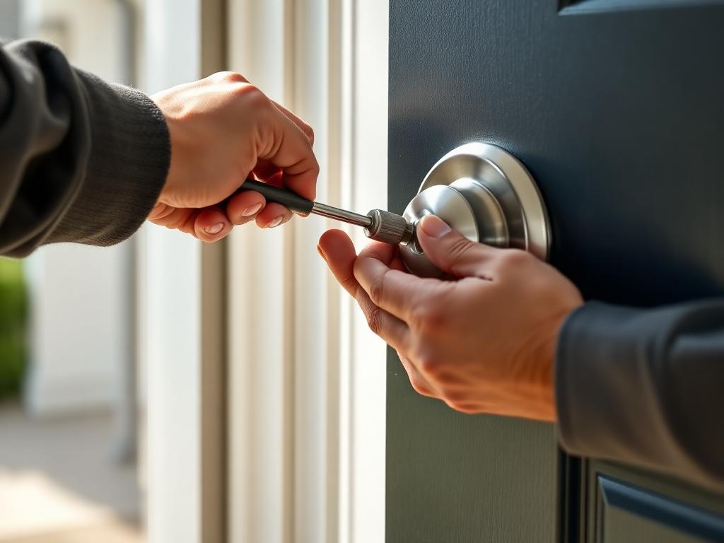Holly Springs Locksmith technician replacing a deadbolt lock on a residential front door in Holly Springs, NC