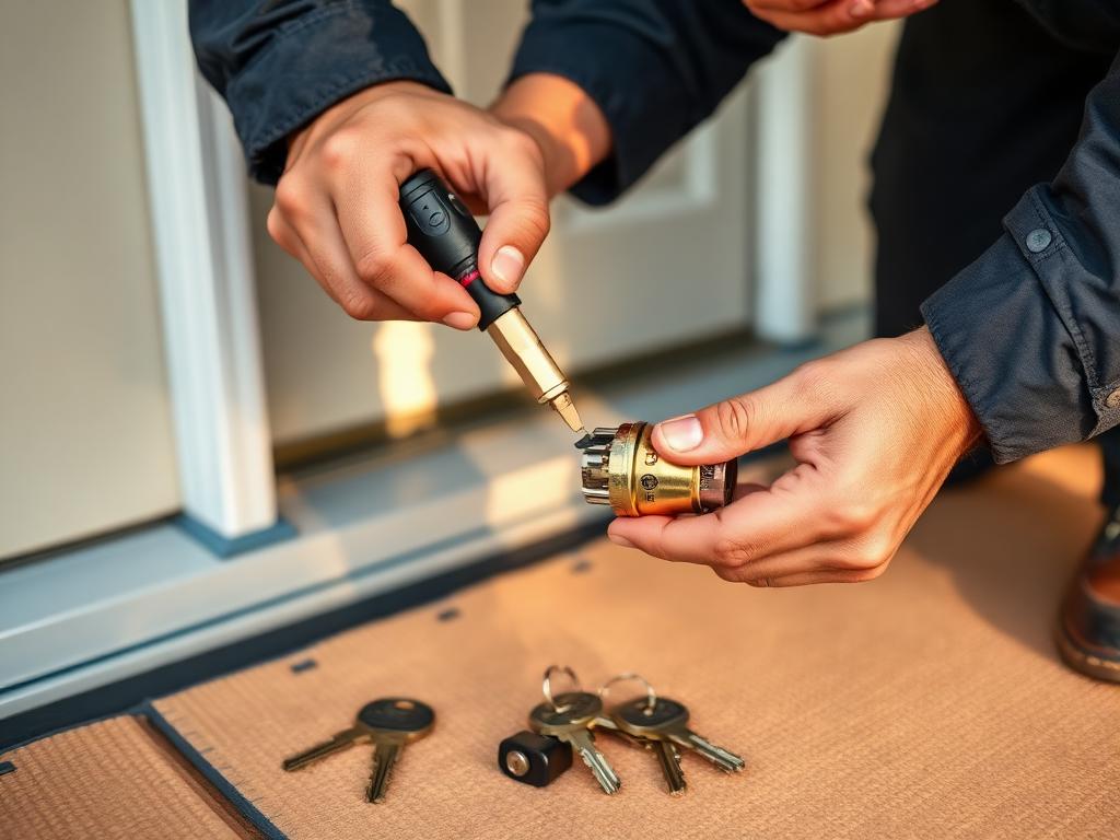 Holly Springs Locksmith technician rekeying a house door lock cylinder on a residential porch in Holly Springs, NC